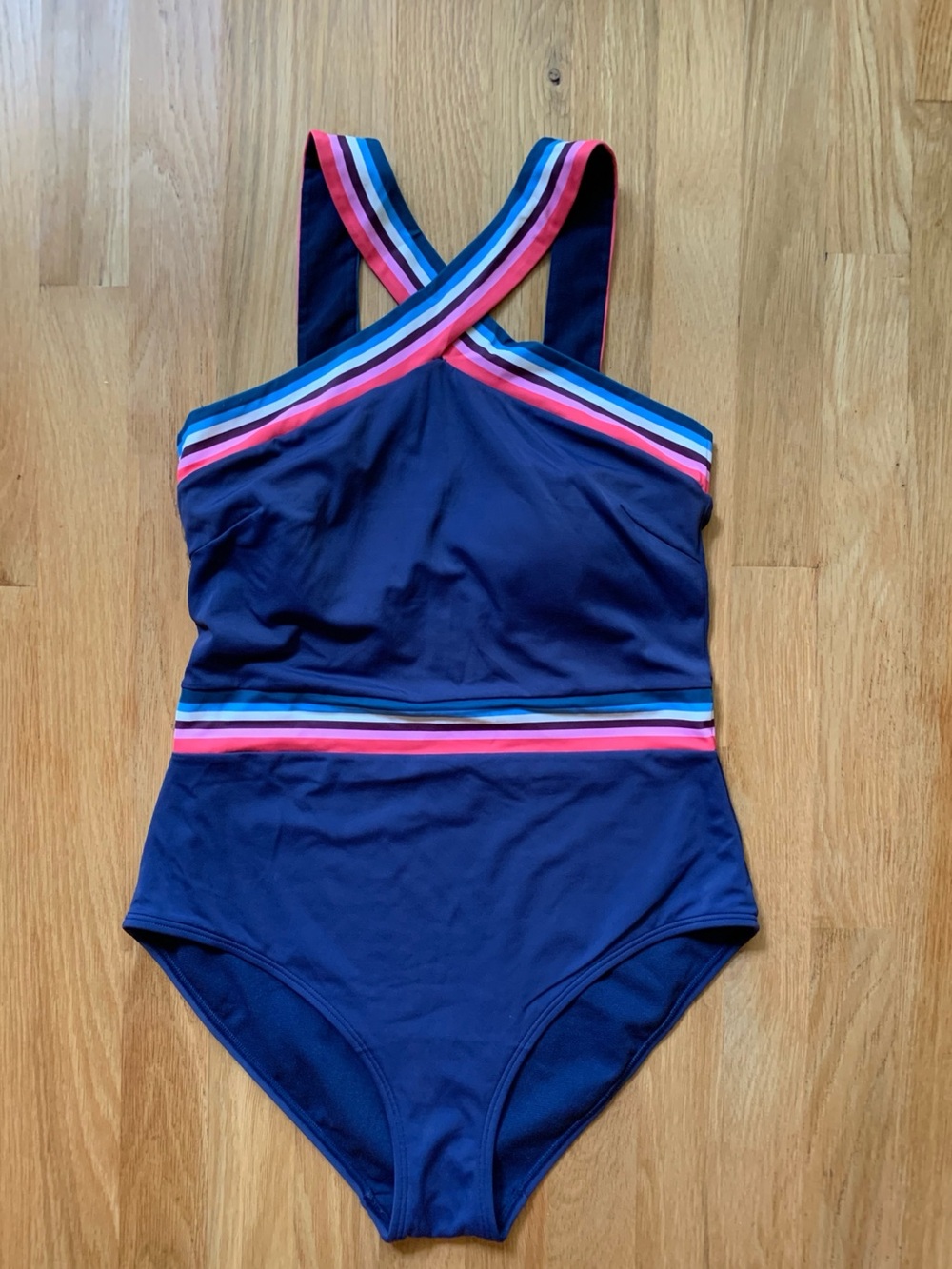 Boden Navy One-Piece Swimsuit Rainbow Stripe Cross-Front US 10R
